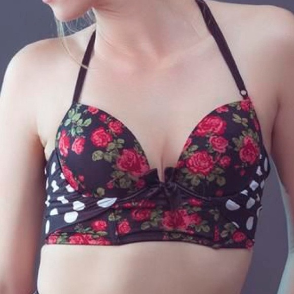 Lovesick Bra Top Black Red Pink Rose Polka Dots Y2K Size Medium - Picture 1 of 9